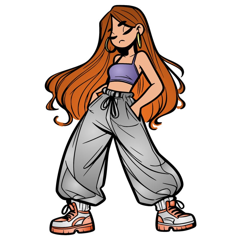 girl in baggy pants crop top and long hair