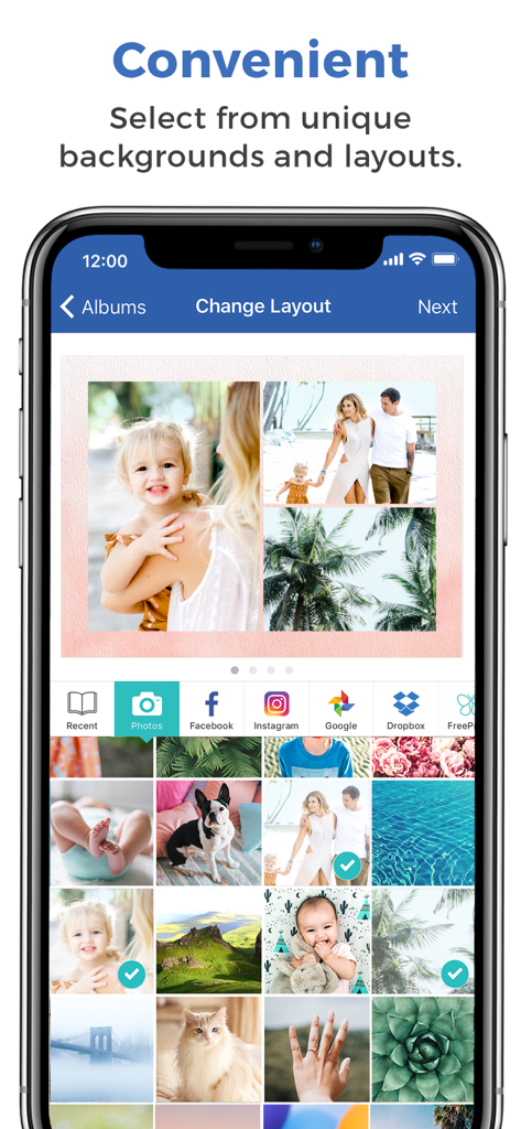 FreePrints Photobooks - FreePrints Photobooks app interface showing photo layout customization and image source selection