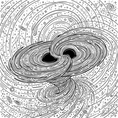 Witness the awe-inspiring spectacle of two black holes colliding and merging in this intricate coloring template. Journey into the heart of the cosmos and bring this celestial event to life with your favorite colors.