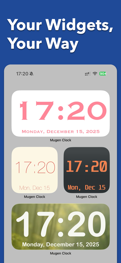 Mugen Clock - Four different Mugen Clock widget styles on an iPhone home screen showing various colors fonts and backgrounds
