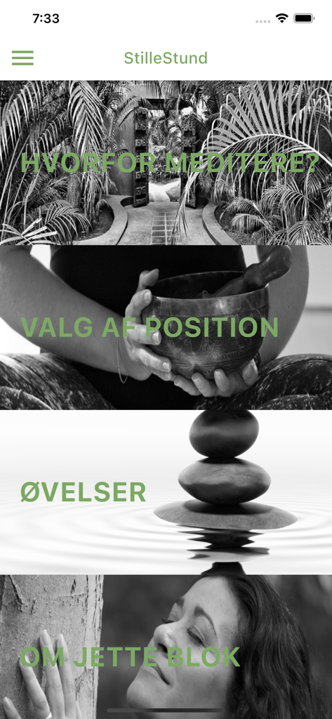 Main menu of the StilleStund meditation app showing mindfulness categories like exercises and about Jette Blok.