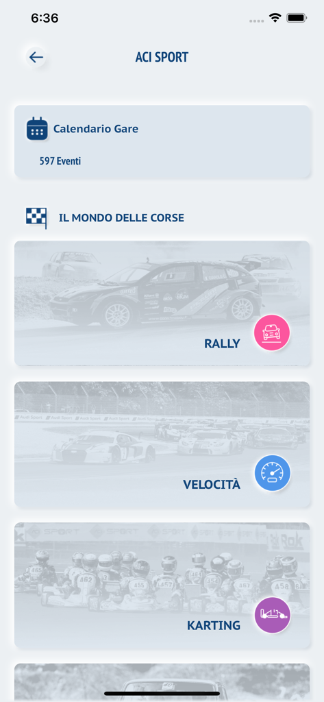 ACI Space app screen showing motorsports categories and event calendar for rally and karting.