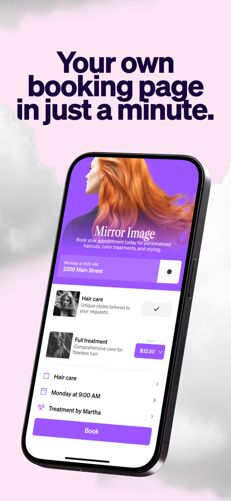 Vista móvil de una página de reservas profesional de salón creada con Vev Booking Software.