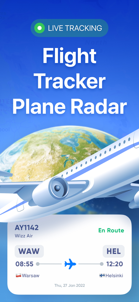 Flight Tracker・Air Plane Radar - ワルシャワからヘルシンキへのライブフライト状況とルートを示すフライトトラッカーアプリのインターフェース。