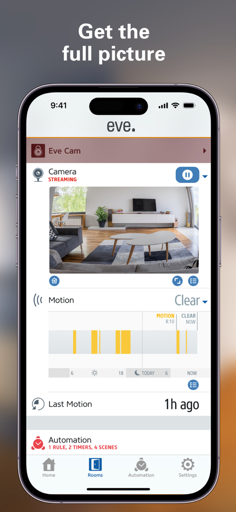 Eve for Matter & HomeKit - Eve for Matter and HomeKit app showing a live security camera stream and motion history chart on an iPhone.