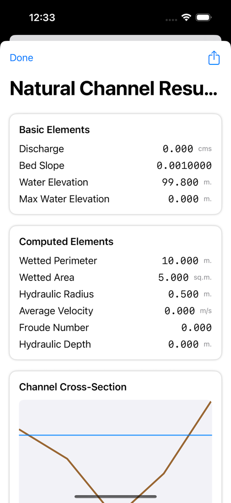 기본 및 계산된 요소와 단면 그래프가 포함된 자연형 채널의 수압 계산 결과 스크린샷