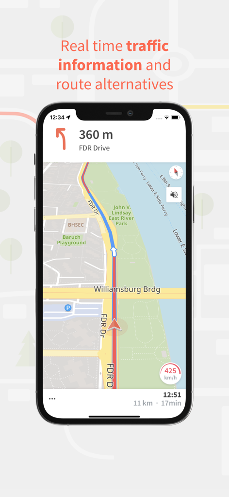Karta GPS navigation interface showing real time traffic information and route alternatives