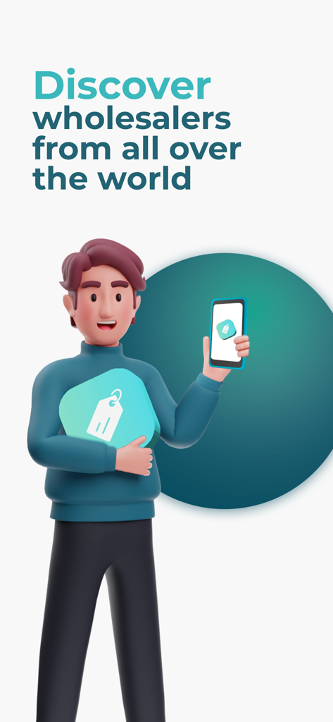 MicroStore - Fashion Supplier - Um personagem 3D segurando um celular ao lado do texto Descubra atacadistas de todo o mundo