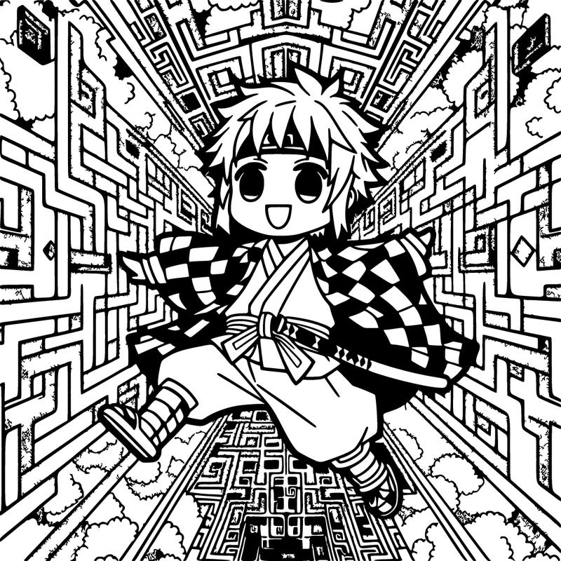 a boy  with a square like pattern harori with a katana in his belt falling into an infinity castle in anime style
