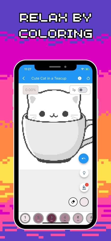 Color by Number: Paint & Draw - Una página para colorear pixel art con un lindo gato sentado en una taza de té dentro de la aplicación Color by Number.