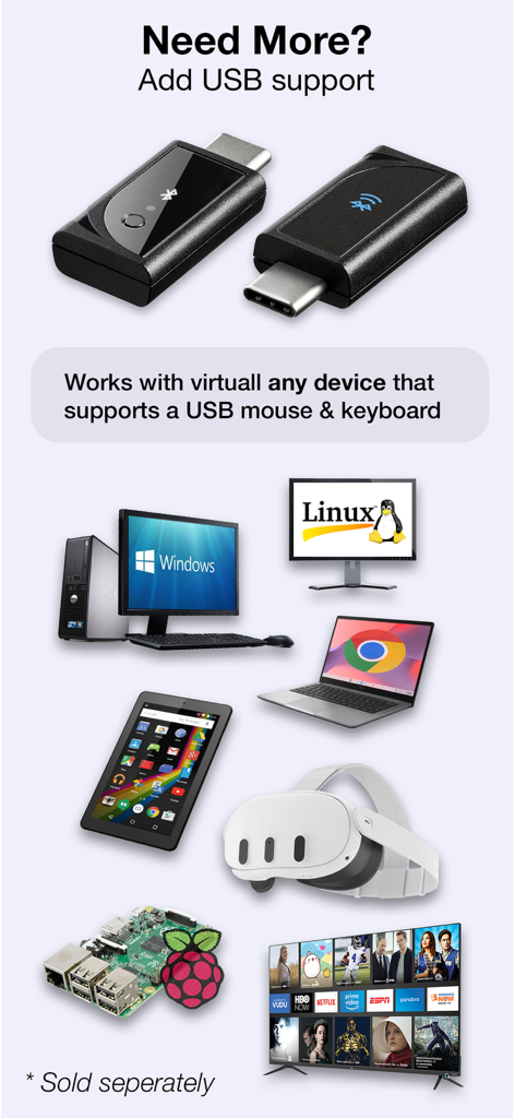 Dongle USB opcional para Mobile Mouse Bluetooth mostrando compatibilidad con Windows, Linux, Chromebook, VR, Raspberry Pi y Smart TVs