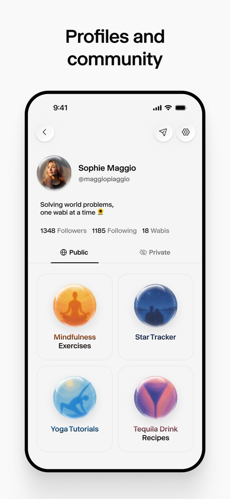 Wabi - Un perfil de usuario en la app Wabi mostrando una colección de miniapp personalizadas, incluyendo Ejercicios de Mindfulness y Rastreador de Estrellas.