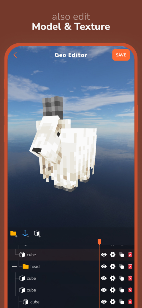 Interface of the MCLIB Geo Editor showing a 3D goat model for Minecraft Pocket Edition