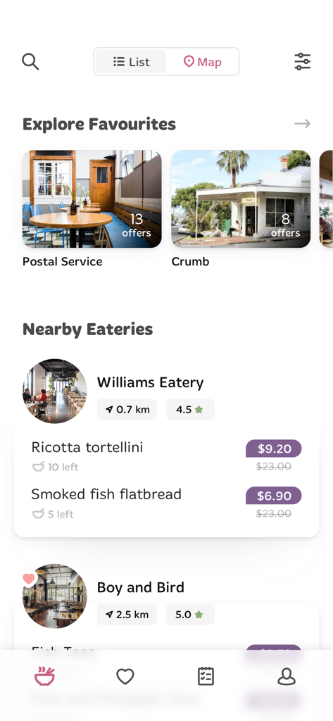 Un'interfaccia dell'app mobile Foodprint che mostra i ristoranti vicini e le offerte di cibo in eccesso scontate.