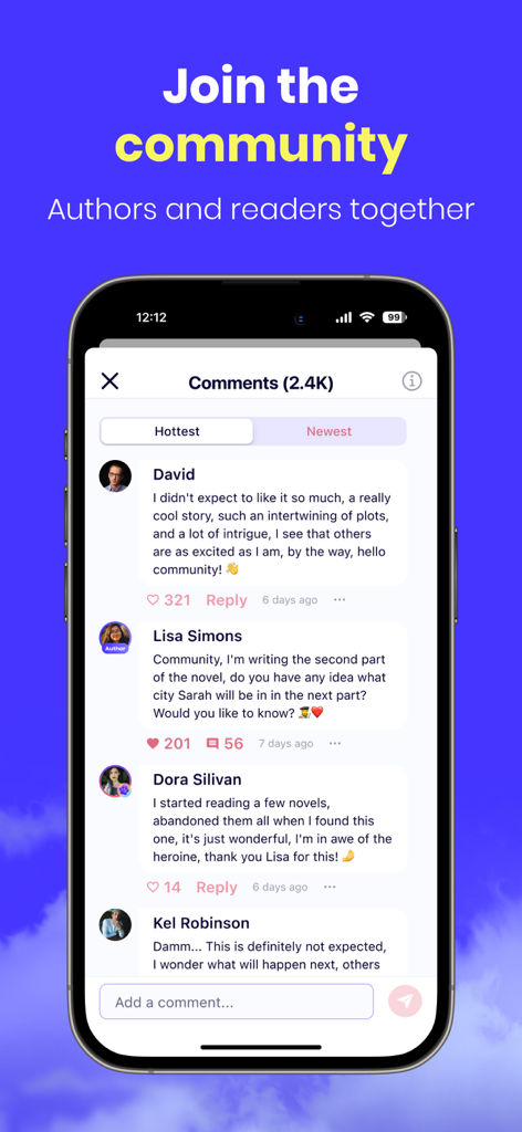 Alphanovel app screenshot showing the community comments section where readers and authors interact