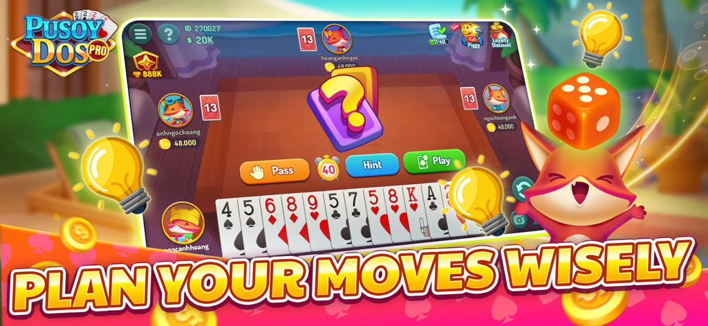 Captura de pantalla del juego de ZingPlay Pusoy Dos con el mensaje Planifica tus Movimientos Sabiamente