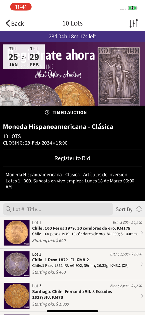 South of the World Auctions - Pantalla de la aplicación móvil que muestra una lista de monedas chilenas raras disponibles para subasta.