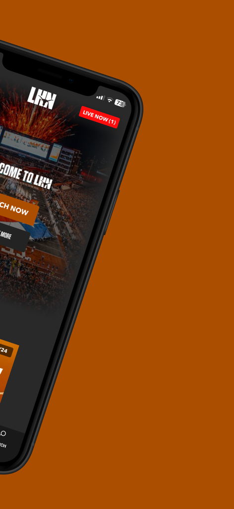 LHN (Longhorn Network) - The LHN app home screen on an iPhone featuring live sports coverage and the Longhorn logo.