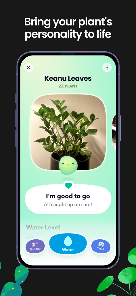 Greg: Plant Identifier & Care - Gregアプリの植物ケアインターフェースを表示するモバイル画面。ZZプラント「Keanu Leaves」と、「調子は良いです」というステータスメッセージが表示されている。