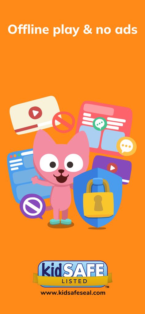 オフラインプレイと広告なし、 kidSAFE シールが付いていることを示すテキストの横にあるピンクの猫が表示されているStudycat Frenchアプリのプロモーション