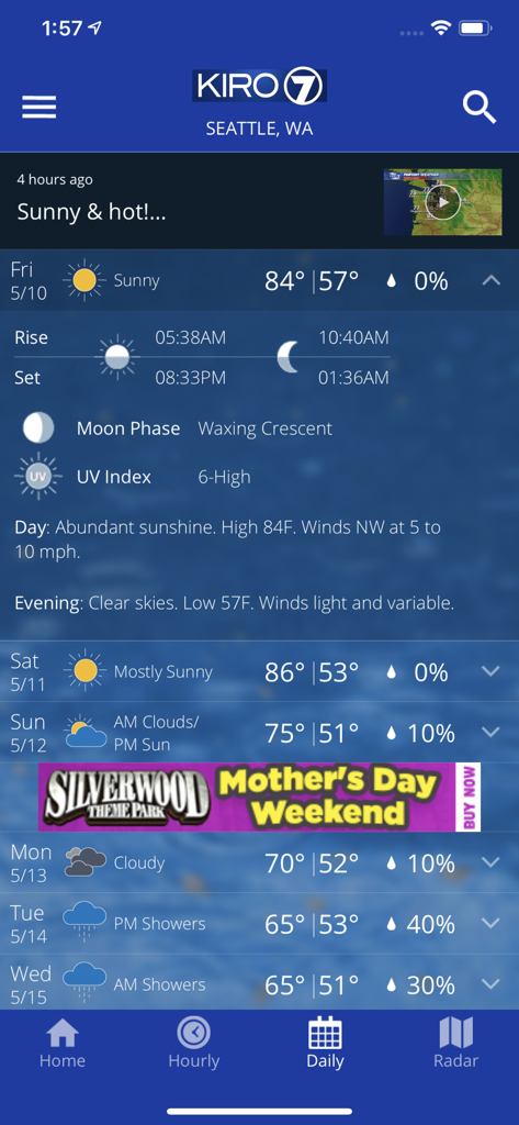 KIRO 7 PinPoint Weather app showing the daily forecast for Seattle Washington with high and low temperatures