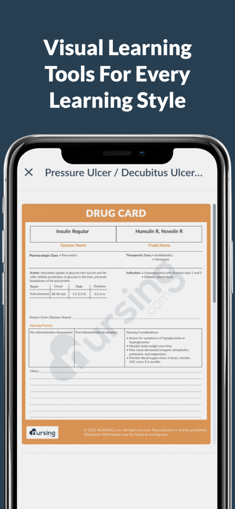 NURSING.com | NCLEX & Nursing - Benutzeroberfläche der NURSING.com-App, die eine visuelle Medikamentenkarte für das Pharmakologiestudium von Insulin Regular anzeigt