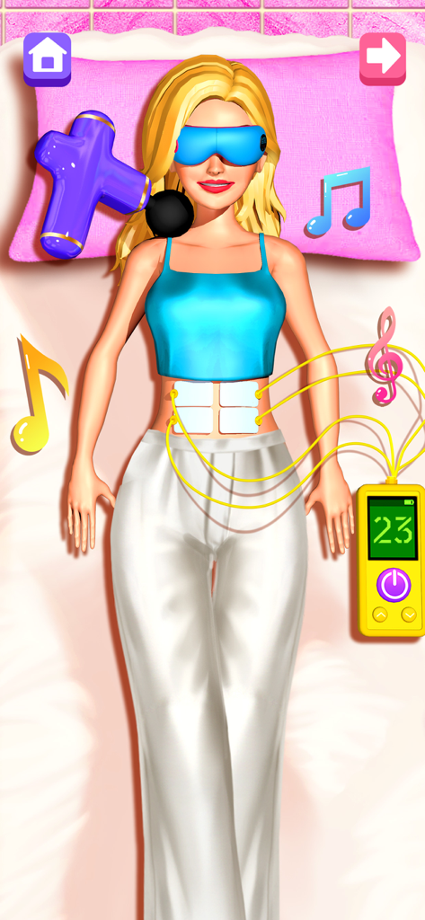 Personnage virtuel enceinte recevant un traitement de relaxation avec un pistolet de massage et des coussinets abdominaux