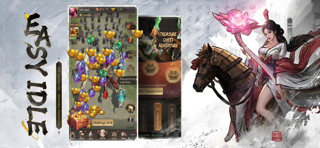 Alchemy and Vault - Affichage du jeu RPG inactif Alchimie et Coffre montrant les fonctionnalités de combat et de chasse au trésor.