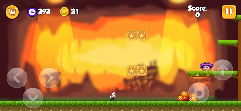 Stickman Warriors : Dark World - Stickman character in a 2D side-scrolling action level with on-screen controls and a fiery background