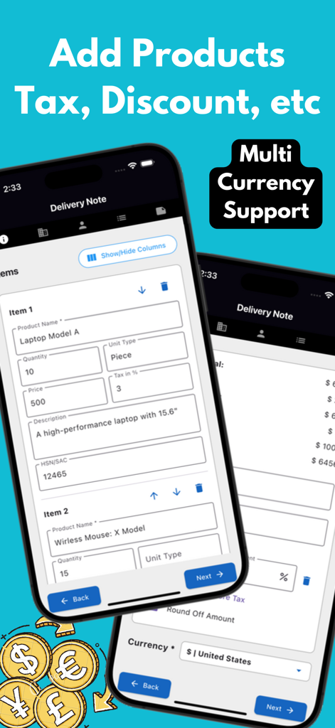 Quotation Maker App: Invoicing - Mobile app interface showing how to add products, taxes, and discounts with multi-currency support for professional invoicing.