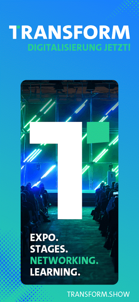 TRANSFORM event app banner featuring expo stages networking and learning