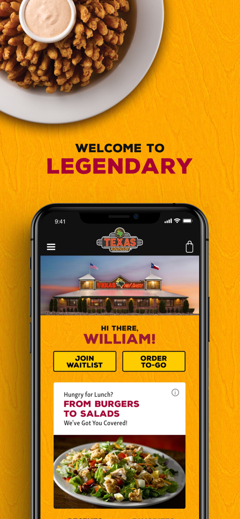 Texas Roadhouse mobile app home screen with join waitlist and order to go buttons