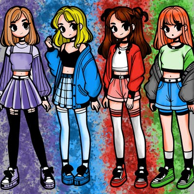 one girl with crop-top shirt and a jacket with a skirt, long socks and another girl with a shirt and pants with a jacket