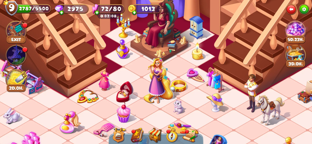 Mergest Kingdom: merge puzzle - A character in a palace room surrounded by various fairytale items to merge in Mergest Kingdom
