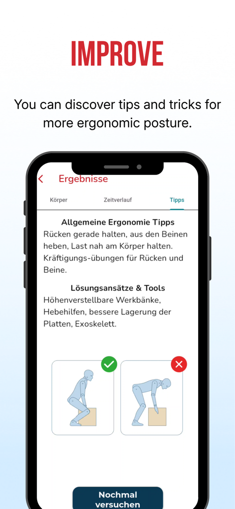Ergo4All - Pantalla de smartphone mostrando consejos ergonómicos de levantamiento con ilustraciones que comparan la postura correcta e incorrecta.