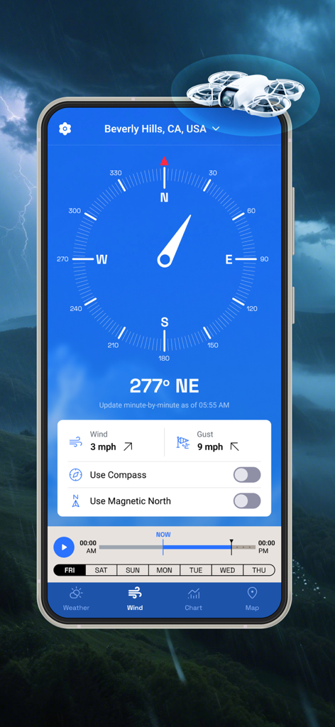 Interface of the drone flight forecast app showing wind speed gust data and a directional compass for Beverly Hills.