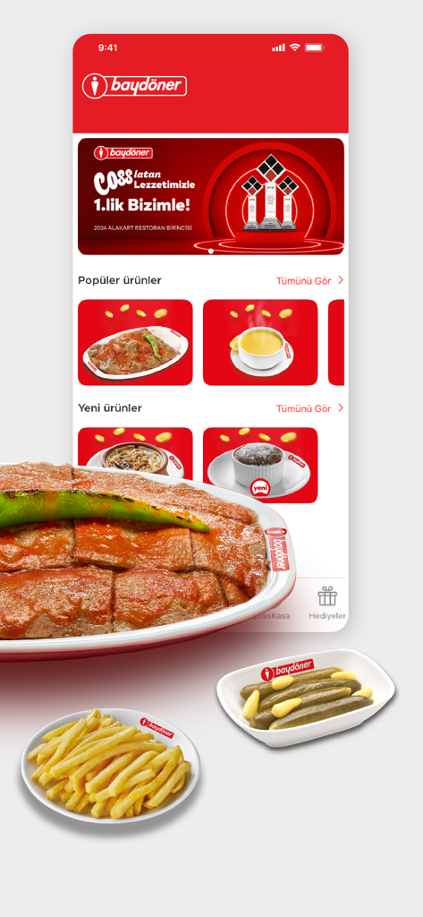 Interface de l'application mobile Baydoner Cossla affichant un menu de cuisine turque comme le kebab Iskender et des frites