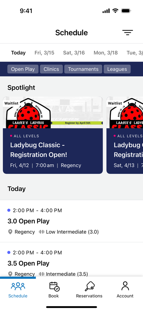 PPBRVA - Pickleball schedule screen showing open play sessions and tournament registration for PPBRVA