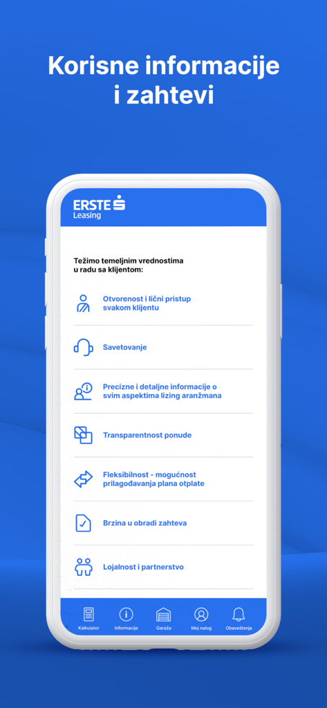 Erste Leasing Srbija - Mobile screen of Erste Leasing Srbija app displaying service values and navigation menu