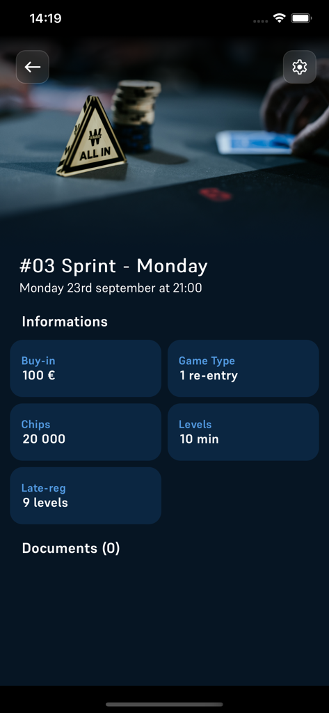 Winamax Live - Tournament details screen in the Winamax Live app showing buy-in amount, chip count, and level duration for a poker event.