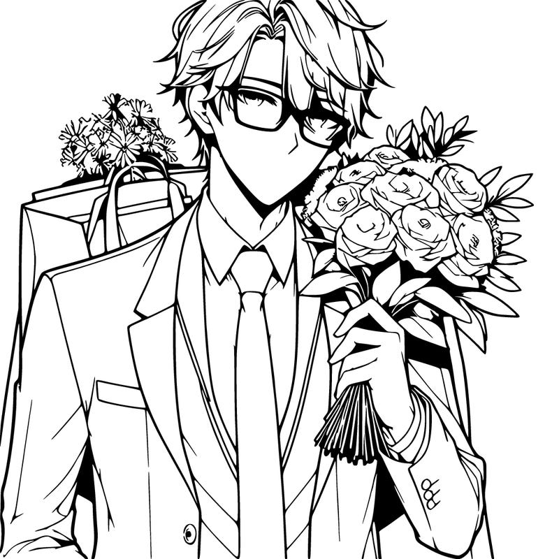 hot anime guy with glasses and a suit holding flowers, detailed and realistic