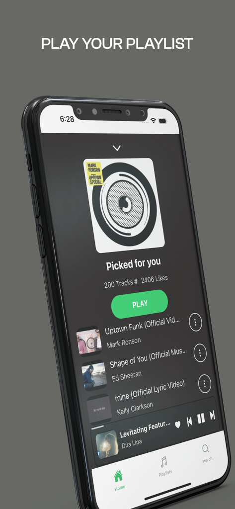 Music Player ‣ Video Streaming - Pantalla del iPhone mostrando la lista de reproducción Seleccionados para ti en la aplicación Reproductor de Música y Streaming de Vídeo