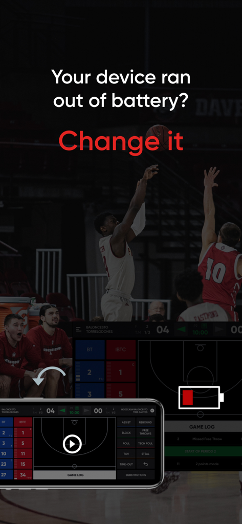 InGame by NBN23 - Aplicación de pizarra de anotación digital de baloncesto que demuestra la sincronización multi-dispositivo para un seguimiento ininterrumpido del juego durante situaciones de batería baja.