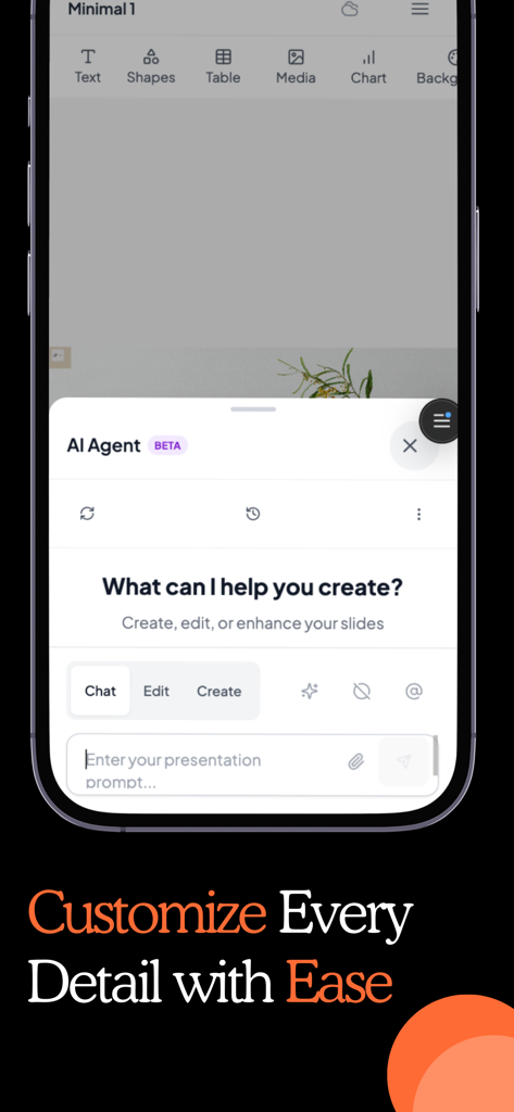 MagicSlides AI - Interface de l'application mobile MagicSlides IA montrant le chat de l'agent IA pour créer et modifier des diapositives de présentation