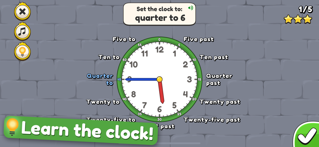 King of Math: Telling Time - Educational interface of King of Math app showing an analog clock exercise for learning how to tell time