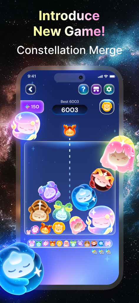 Mobile screen showing the Constellation Merge puzzle game with cute zodiac characters in the Star Gazer app