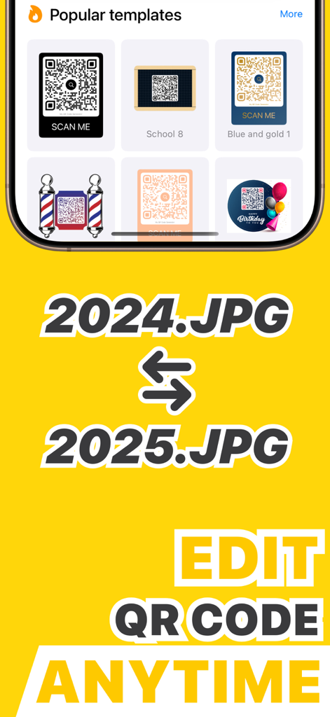 Interfaz de la aplicación móvil que muestra varias plantillas de códigos QR personalizadas y el texto Editar Código QR en Cualquier Momento