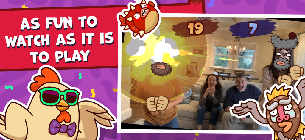 スクリーンでインタラクティブな拡張現実ゲームをプレイしている子供を観て笑っている家族