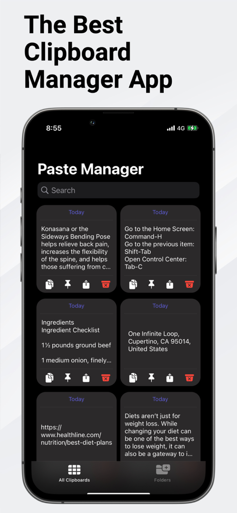 iPhone-Bildschirm, der die Paste Manager-App mit einer Sammlung gespeicherter Textbausteine zeigt, darunter Verknüpfungen, Adressen und URLs
