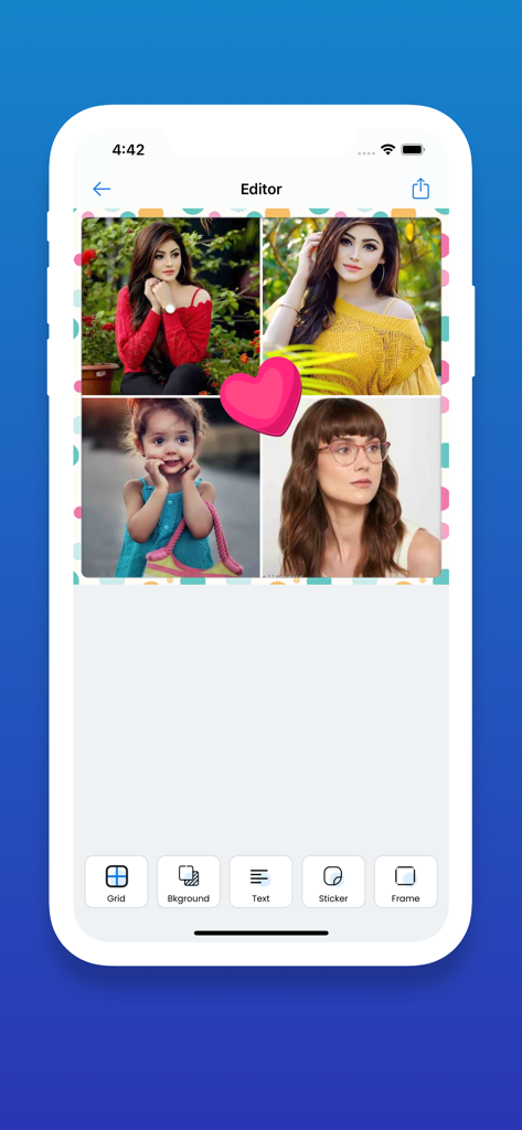 PhotoGrid - Layout - PhotoGrid app interface showing a four-photo collage with a pink heart sticker and editing tools